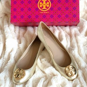 New! TORY BURCH CLAIRE BALLET FLT METALLIC GOLD